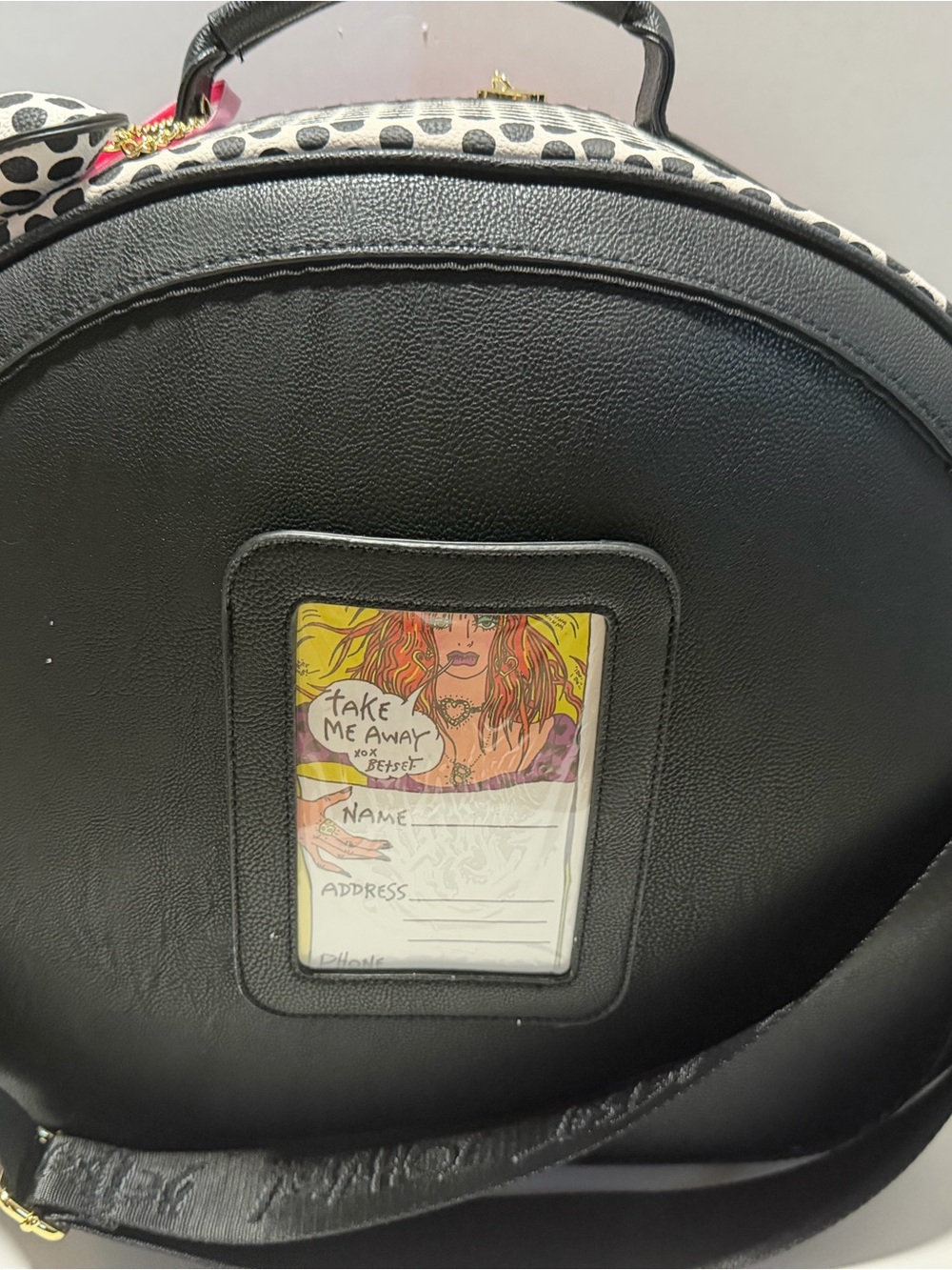 Betsey Johnson Black Round Backpack with Illustrated ID Window